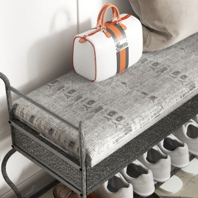 Industrial Shoe Rack Bench with Padded Seat – Rustic Entryway Bench for Small Spaces – Upholstered Shoe Storage Organizer with Metal Shelves