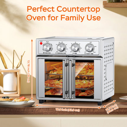 XXL 28L French Door Air Fryer Oven – Silver Stainless Steel Finish – 1700W High Power – Fits 12" Pizza & Whole Chicken