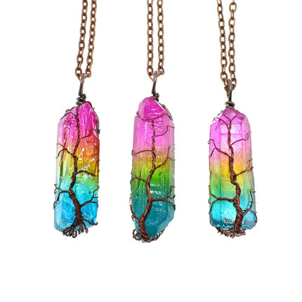 Natural Crystal Pillar Tree of Life Pendant – Hand-Wrapped Wire Stone Necklace – Spiritual Healing Jewelry for Women