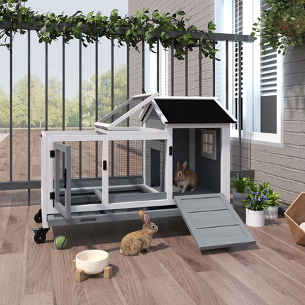 Wooden Rabbit Hutch with Rolling Wheels – 2-Tier Small Animal Habitat with Run & Slide-Out Tray – Blue & White Indoor/Outdoor Bunny House