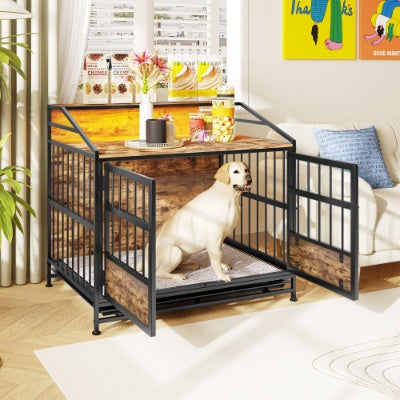 Luxury Furniture-Style Dog Crate with Storage Shelves – Large Wooden Pet Kennel with Double Doors – Decorative Dog House & Console Table (Rustic Brown)