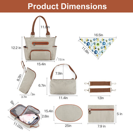 8-Piece Baby Diaper Bag Mega Set – Multi-Functional Mummy Tote with Bottle Bag, Mesh Organizer, Changing Pad & Stroller Straps