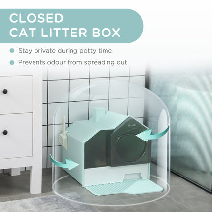 Hooded Cat Litter Box with Trapping Mat – Anti-Tracking Top Entry Litter Pan – Large Enclosed Kitty Washroom for Mess-Free Floors (Light Blue)