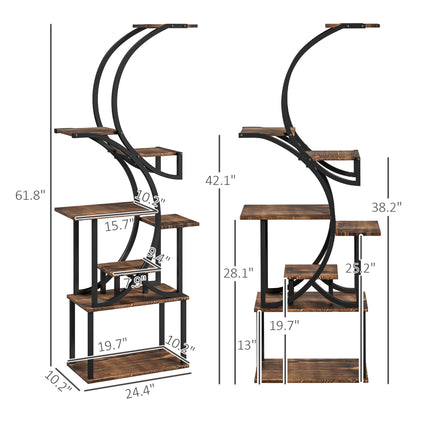 62" Tall S-Shaped Plant Stand – 8-Tier Wood Plant Shelf with Carbonized Finish – Unique Corner Display Rack for Multiple Plants