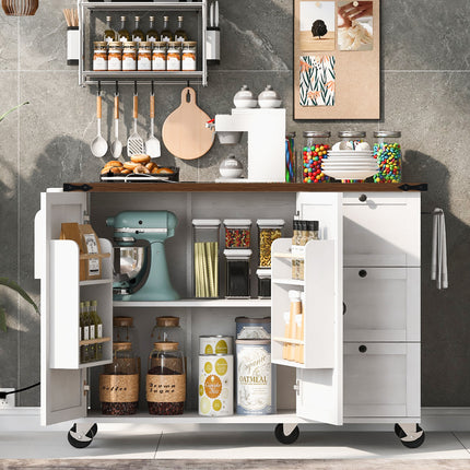 Farmhouse Rolling Kitchen Island with Power Outlet – Expandable Drop Leaf Countertop – Ample Storage with Drawers & Spice Rack – Mobile White Kitchen Cart for Dining & Prep
