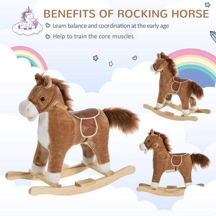 Plush Rocking Horse Toy with Realistic Sounds & Moving Tail – Classic Wooden Rocker for Toddlers & Kids Playrooms