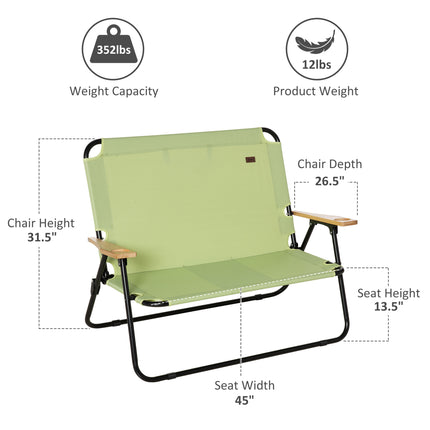 Double Folding Camping Chair - 2-Person Portable Loveseat - Forest Green Outdoor Couch with Wood Armrests & Cup Holders