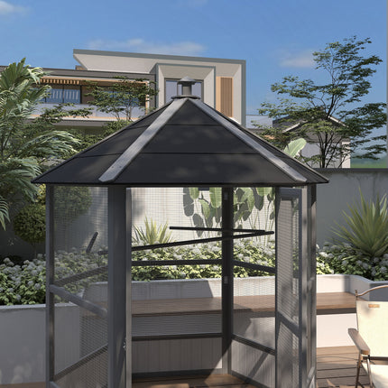 69" Modern Light Gray Wooden Aviary – Hexagonal Outdoor Bird Flight Cage with Weatherproof Roof – Elegant Large Bird House