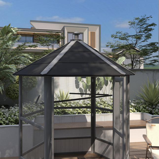 69" Modern Light Gray Wooden Aviary – Hexagonal Outdoor Bird Flight Cage with Weatherproof Roof – Elegant Large Bird House