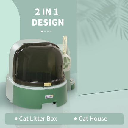 High-Sided Open Cat Litter Box – Anti-Splashing Kitty Litter Pan with Scoop – Easy-to-Clean Modern Pet Washroom (Green)