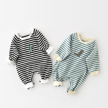 Unisex Striped Dinosaur Baby Jumpsuit – Premium Cotton Long-Sleeve Romper – Adorable & Comfortable Infant Playwear for Spring & Fall