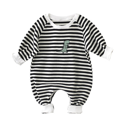 Unisex Striped Dinosaur Baby Jumpsuit – Premium Cotton Long-Sleeve Romper – Adorable & Comfortable Infant Playwear for Spring & Fall