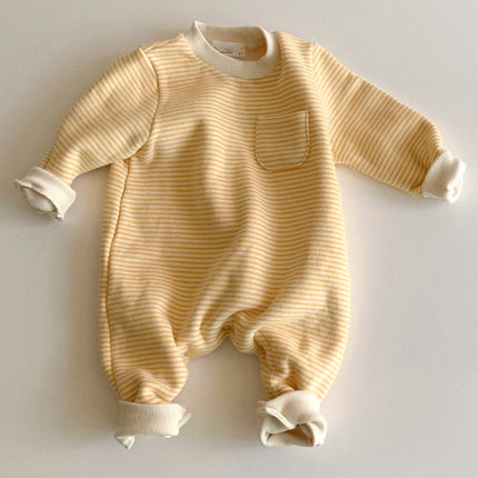 Cozy Striped Baby Jumpsuit – Soft 95% Cotton Long-Sleeve Romper – Easy Hidden Button Closure – Warm Autumn & Winter Infant Outfit