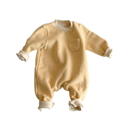 Cozy Striped Baby Jumpsuit – Soft 95% Cotton Long-Sleeve Romper – Easy Hidden Button Closure – Warm Autumn & Winter Infant Outfit