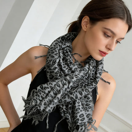 Grey Leopard Print Square Scarf – Lightweight Viscose Head Wrap and Shawl for Evening Wear & Daily Style
