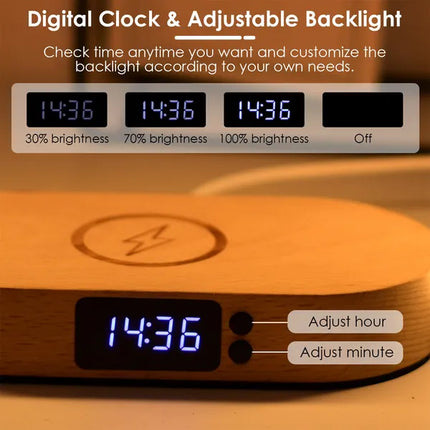 Multi-Function LED Desk Lamp with Wireless Charging – Touch Control Dimmable Bedside Table Lamp – Digital Clock & Nightstand Reading Light