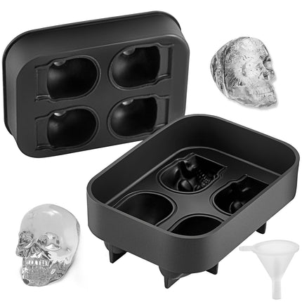 4-Grid Skull Ice Cube Tray – Flexible Silicone Mold with Lid & Funnel – 1.6"x1.8" Skull Ice Maker for Whiskey, Cocktails & Halloween