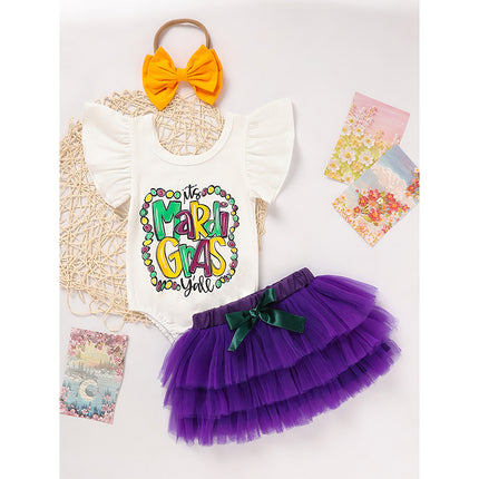 Baby Girl Mardi Gras 3-Piece Outfit Set – Ruffle Sleeve Letter Print Bodysuit, Mesh Tutu Skirt & Headband – Festive Carnival Costume
