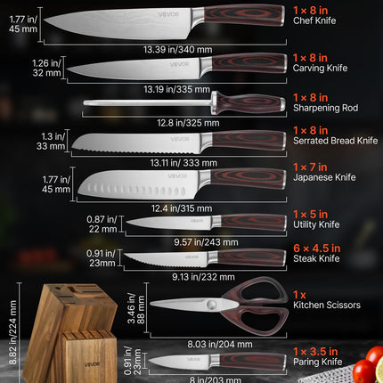 15-Piece Professional Kitchen Knife Set with Wooden Block – High-Carbon Stainless Steel – Built-in Sharpener Rod & Steak Knives