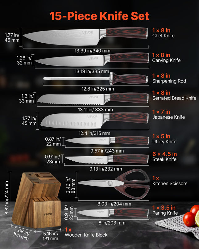 15-Piece Professional Kitchen Knife Set with Wooden Block – High-Carbon Stainless Steel – Built-in Sharpener Rod & Steak Knives