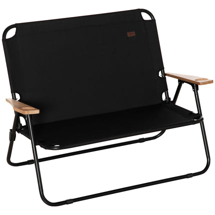 Double Folding Camping Chair – Portable 2-Person Loveseat – Outdoor Couch with Wood Armrests & Cup Holders – Black