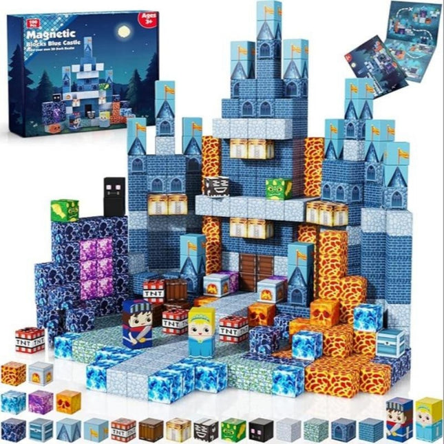 100-Piece Magnetic Building Blocks Set – Sapphire Blue Castle Theme – 3D Magnetic Tiles for Toddlers & Kids – Educational STEM Construction Toy