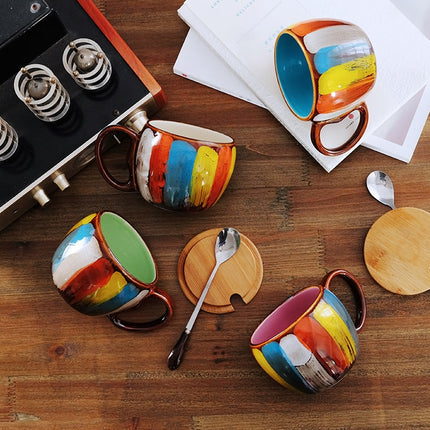 Creative Ceramic Coffee Mug Set – Modern Nordic Design with Matching Lid and Gold Stirring Spoon