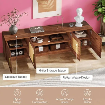 Sleek White & Wood TV Console – Mid-Century Modern Media Stand – Elegant Living Room Entertainment Unit with Wood Grain Accents