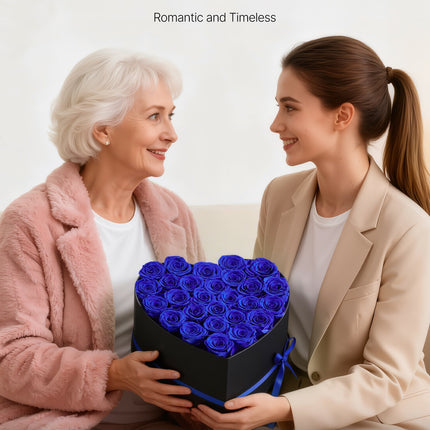 Forever Flowers Heart Box – 27 Real Preserved Royal Blue Roses – Eternal Immortal Bouquet – Luxury Anniversary & Valentine’s Day Gift for Wife