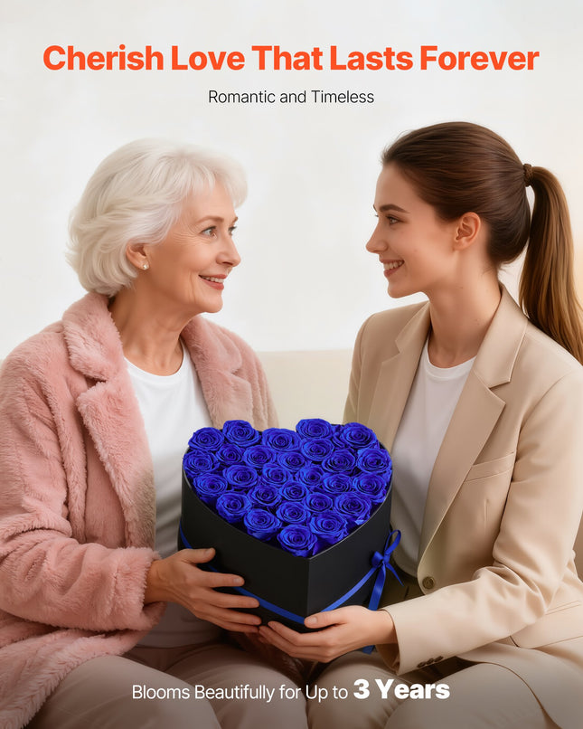 Forever Flowers Heart Box – 27 Real Preserved Royal Blue Roses – Eternal Immortal Bouquet – Luxury Anniversary & Valentine’s Day Gift for Wife