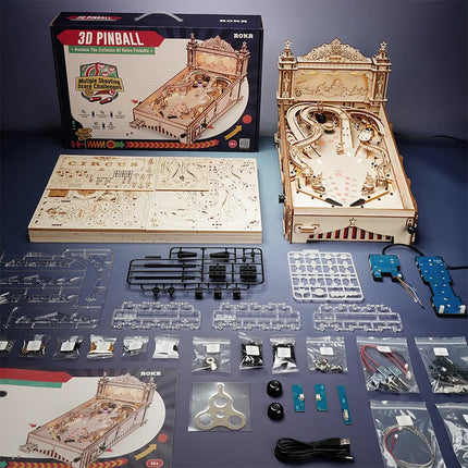 ROKR 3D Wooden Pinball Machine Puzzle – Functional Mechanical Model Kit with Lights & Sound – DIY Brainteaser Engineering Toy for Adults