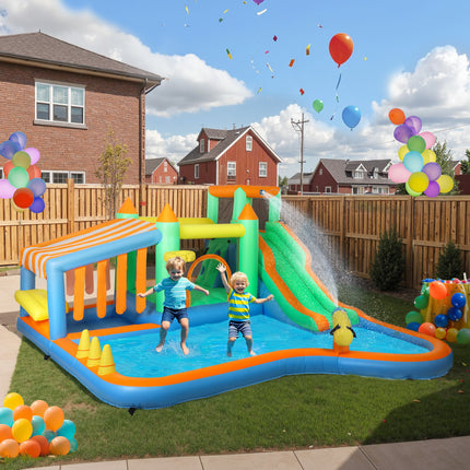 8-in-1 Inflatable Bounce House & Water Slide – Huge Jumping Castle with 680W High-Power Blower – Double Slides, Climbing Wall & Splash Pool – Premium Backyard Fun for Kids