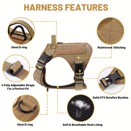 Tactical Dog Harness with Metal Buckles – Heavy Duty Service Dog Vest – Adjustable Reflective Training Harness with Control Handle