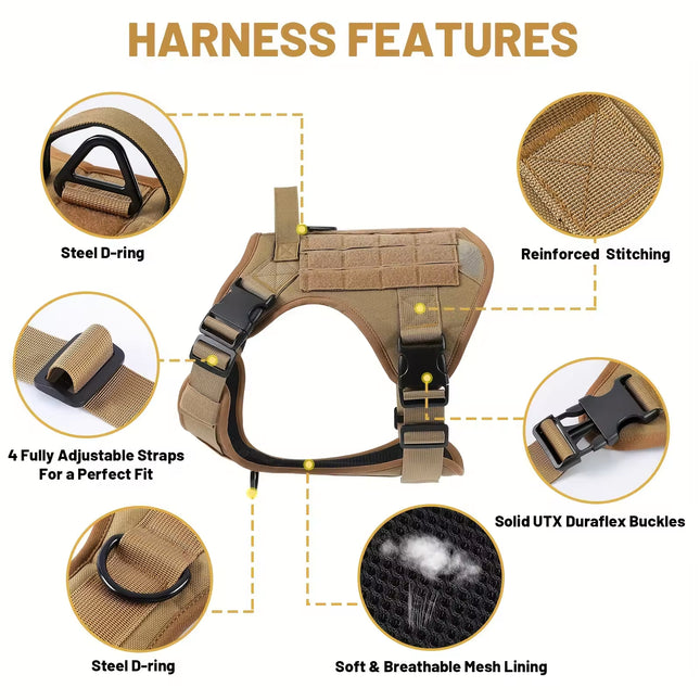 Tactical Dog Harness with Metal Buckles – Heavy Duty Service Dog Vest – Adjustable Reflective Training Harness with Control Handle