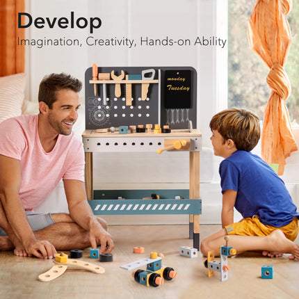 Robotime Wooden Tool Bench for Kids – Pretend Play Construction Workbench with Tools & Accessories – STEM Educational Toy for Toddlers & Preschoolers