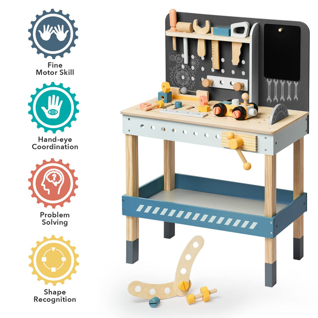 Robotime Wooden Tool Bench for Kids – Pretend Play Construction Workbench with Tools & Accessories – STEM Educational Toy for Toddlers & Preschoolers