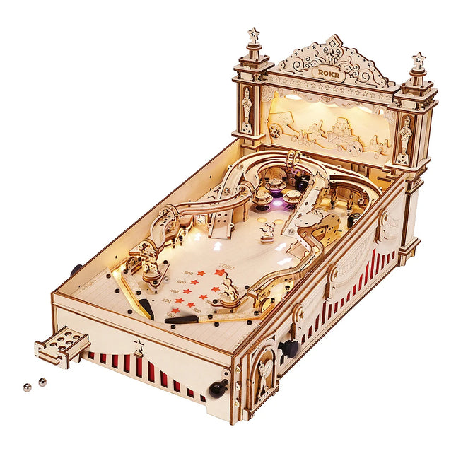 ROKR 3D Wooden Pinball Machine Puzzle – Functional Mechanical Model Kit with Lights & Sound – DIY Brainteaser Engineering Toy for Adults