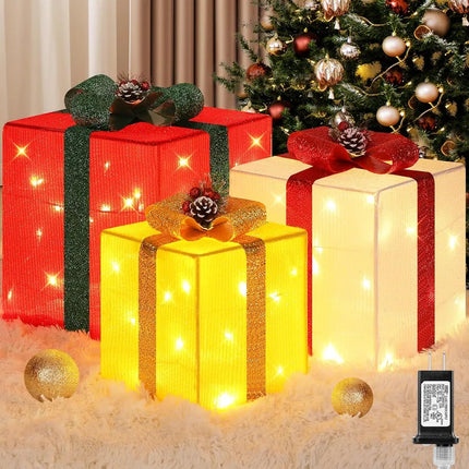 Pre-Lit Christmas Gift Box Decorations – 3-Piece Glittery Outdoor Present Set with 70 Warm White LEDs for Holiday Yard & Porch Decor