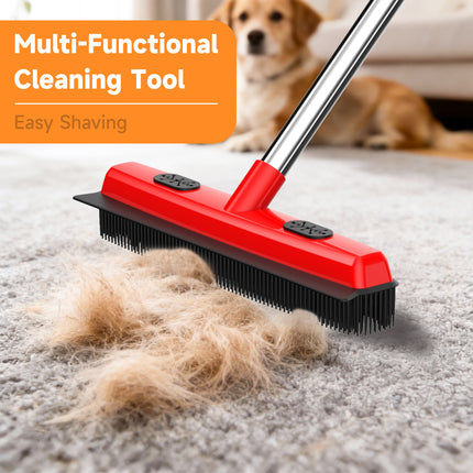 2-in-1 Pet Hair Removal Broom – Rubber Bristle Carpet Rake with Squeegee Edge – Telescopic Handle for Easy Cleaning of Pet Fur & Spills