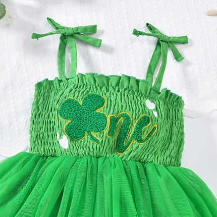 Baby Girl St. Patrick’s Day Tulle Romper Dress & Headband Set – Clover Embroidered Ruffle Sleeveless Jumpsuit