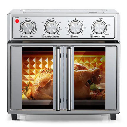 PlumChef™ 29.5 Qt French Door Air Fryer Oven – Professional Silver Stainless Steel Convection Oven – 1700W 10-in-1 Countertop Multicooker