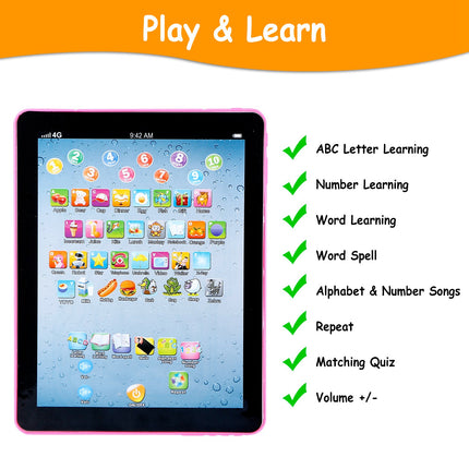 Kids Educational Learning Tablet – Interactive Touch Pad for ABCs, Numbers & Words – Preschool Study Toy with Music & Quiz Mode for Boys & Girls 1-6