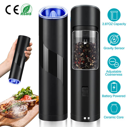 Electric Salt and Pepper Grinder – Automatic Gravity Sensor Mill – Battery Powered with Adjustable Coarseness & Blue LED Light – Easy One-Hand Operation