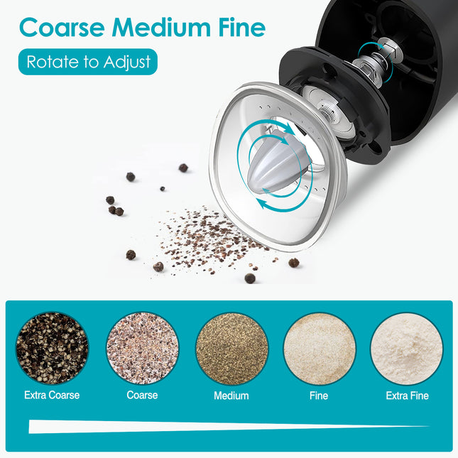 Electric Salt and Pepper Grinder – Automatic Gravity Sensor Mill – Battery Powered with Adjustable Coarseness & Blue LED Light – Easy One-Hand Operation