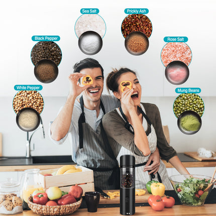 Electric Salt and Pepper Grinder – Automatic Gravity Sensor Mill – Battery Powered with Adjustable Coarseness & Blue LED Light – Easy One-Hand Operation