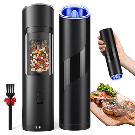 Electric Salt and Pepper Grinder – Automatic Gravity Sensor Mill – Battery Powered with Adjustable Coarseness & Blue LED Light – Easy One-Hand Operation
