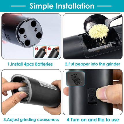 Electric Salt and Pepper Grinder – Automatic Gravity Sensor Mill – Battery Powered with Adjustable Coarseness & Blue LED Light – Easy One-Hand Operation