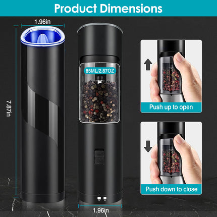 Electric Salt and Pepper Grinder – Automatic Gravity Sensor Mill – Battery Powered with Adjustable Coarseness & Blue LED Light – Easy One-Hand Operation