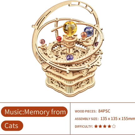 Robotime ROKR Rotating Starry Night Music Box – 3D Wooden Puzzle – Mechanical Solar System Model Kit – Unique Gift for Space Lovers
