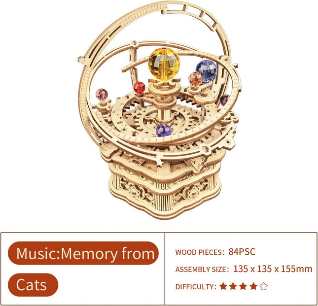 Robotime ROKR Rotating Starry Night Music Box – 3D Wooden Puzzle – Mechanical Solar System Model Kit – Unique Gift for Space Lovers